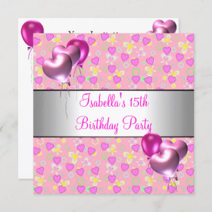 Invitation 15e anniversaire de fête Coeurs roses Ballons d'ar