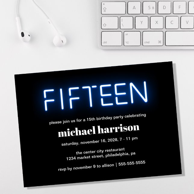 Invitation 15e anniversaire de fête Lumières de néon bleu (Créateur téléchargé)