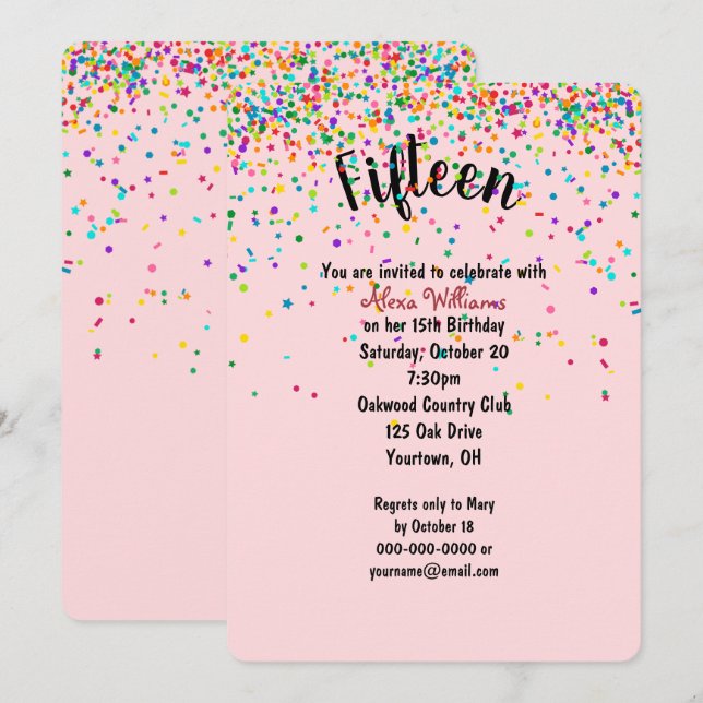 Invitation 15e anniversaire de la fête confetti (Devant / Derrière)