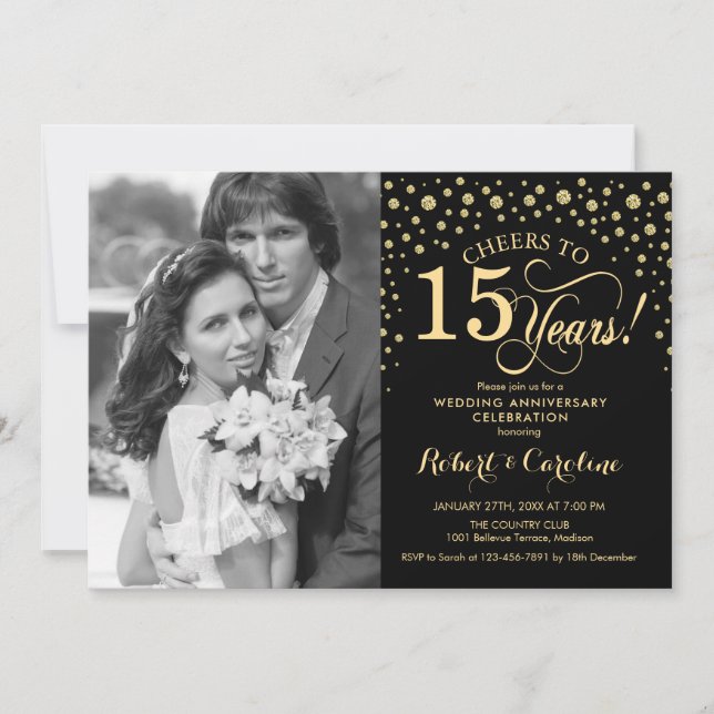 Invitation 15e anniversaire de mariage avec photo - Noir Or (Devant)