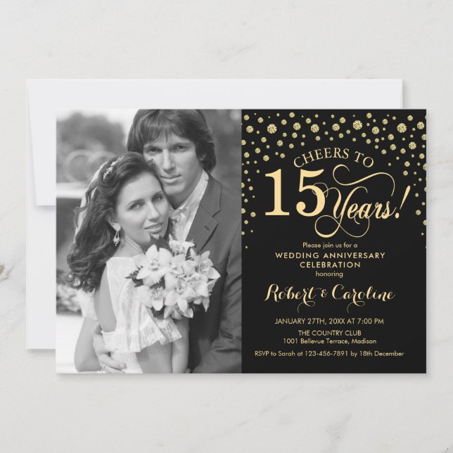 Invitation 15e anniversaire de mariage avec photo - Or Noir (Devant)