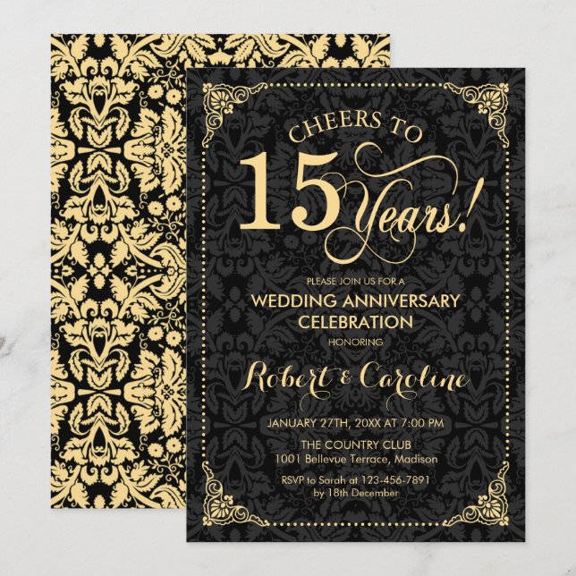 Invitation 15e anniversaire de mariage - Damassé noir or (Devant / Derrière)