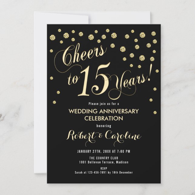 Invitation 15e anniversaire de mariage - Noir et O (Devant)