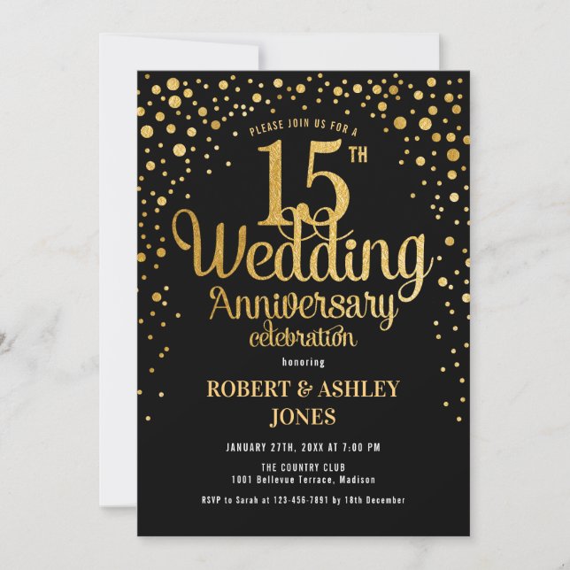 Invitation 15e anniversaire de mariage - Noir et or (Devant)