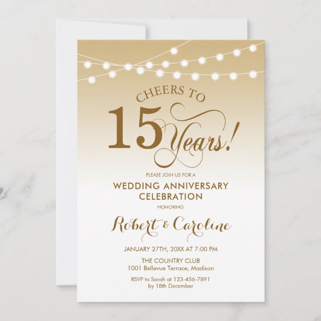 Invitation 15e anniversaire de mariage - Or Blanc (Devant)