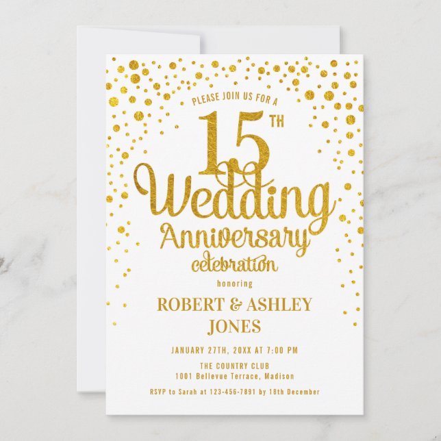 Invitation 15e anniversaire de mariage - Or et blanc (Devant)