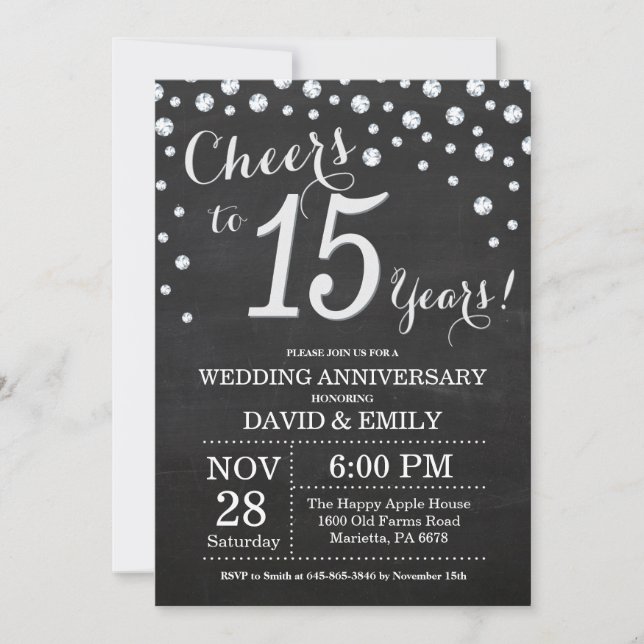 Invitation 15e Anniversaire de Mariage Tableau Noir Argent (Devant)