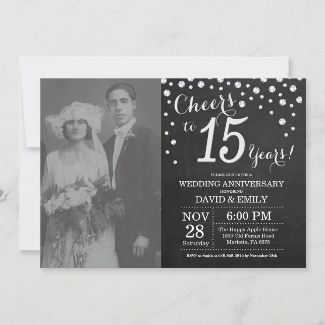 Invitation 15e anniversaire de mariage tableau noir craie arg (Devant)
