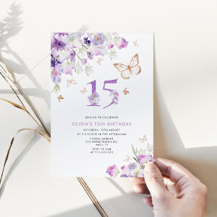 Invitation 15e anniversaire des papillons Lilac violets