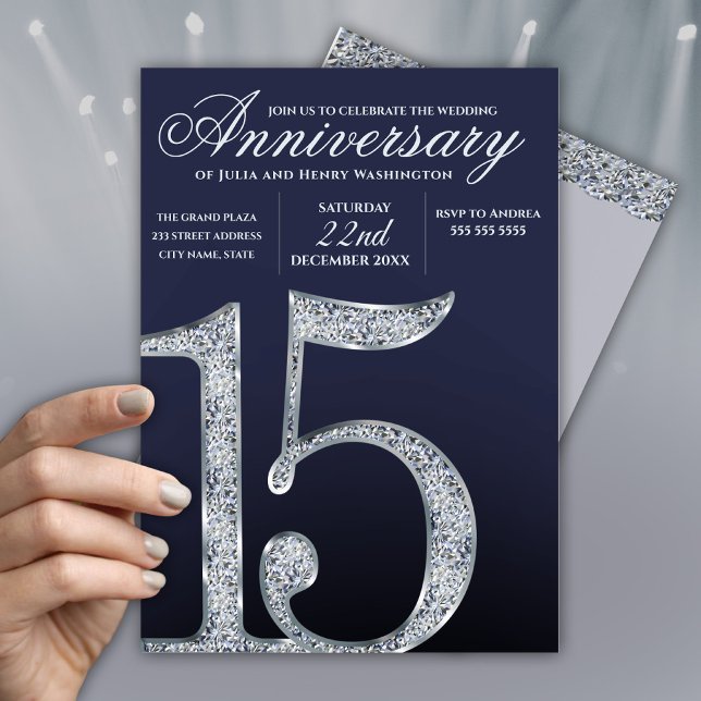 Invitation 15e Anniversaire Diamant Argent Bleu Foncé Ans (Créateur téléchargé)