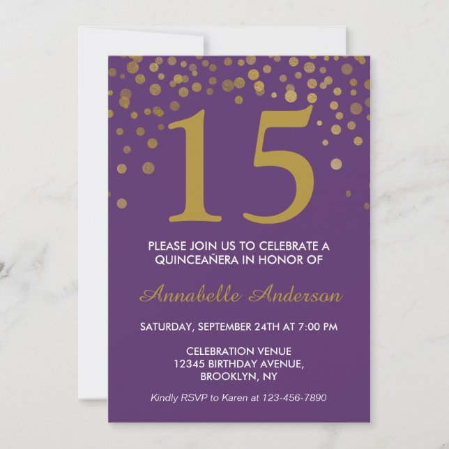 Invitation 15e anniversaire Dots d'or violet Quinceañera (Devant)