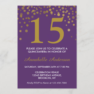Invitation 15e anniversaire Dots d'or violet Quinceañera