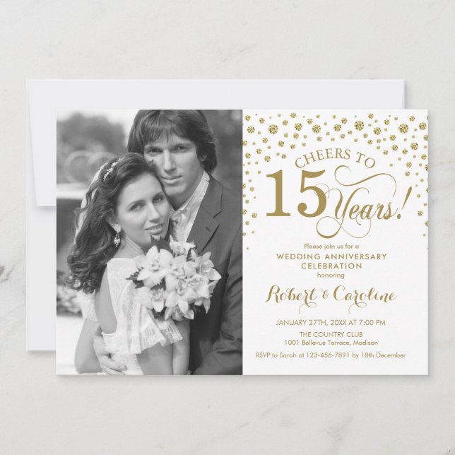 Invitation 15e anniversaire du Mariage avec photo - Blanc or (Devant)