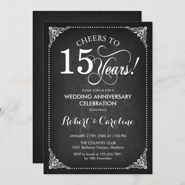 Invitation 15e anniversaire du Mariage - Chalkboard White (Devant / Derrière)