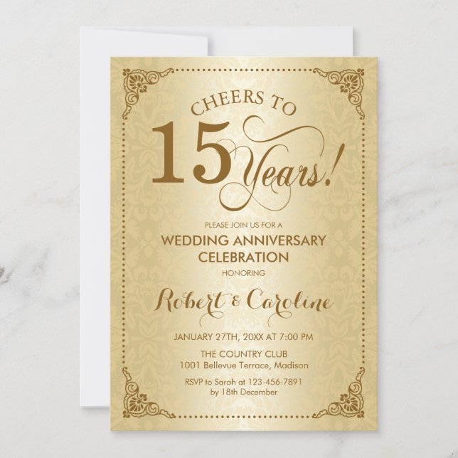 Invitation 15e anniversaire du Mariage - Damas d'or (Devant)