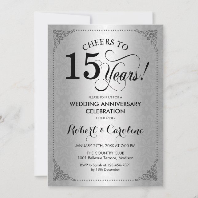 Invitation 15e anniversaire du Mariage - Damas noir d'argent (Devant)