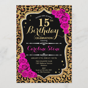Invitation 15e anniversaire - Empreinte de léopard Roses rose