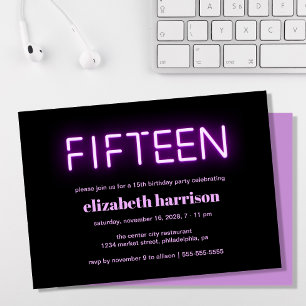 Invitation 15e anniversaire fête Purple Neon Lumières Invitat
