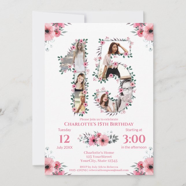 Invitation 15e anniversaire fille photo Collage rose Fleur bl (Devant)