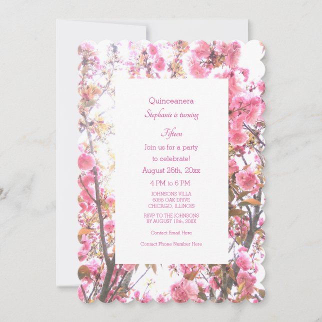 Invitation 15e anniversaire Floral rose cerise fleurs (Devant)