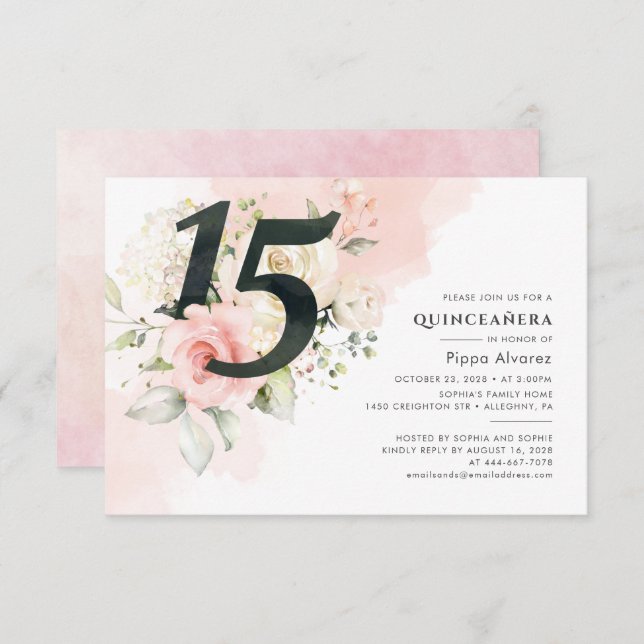 Invitation 15e anniversaire Floral rose Quinceanera Botanique (Devant / Derrière)