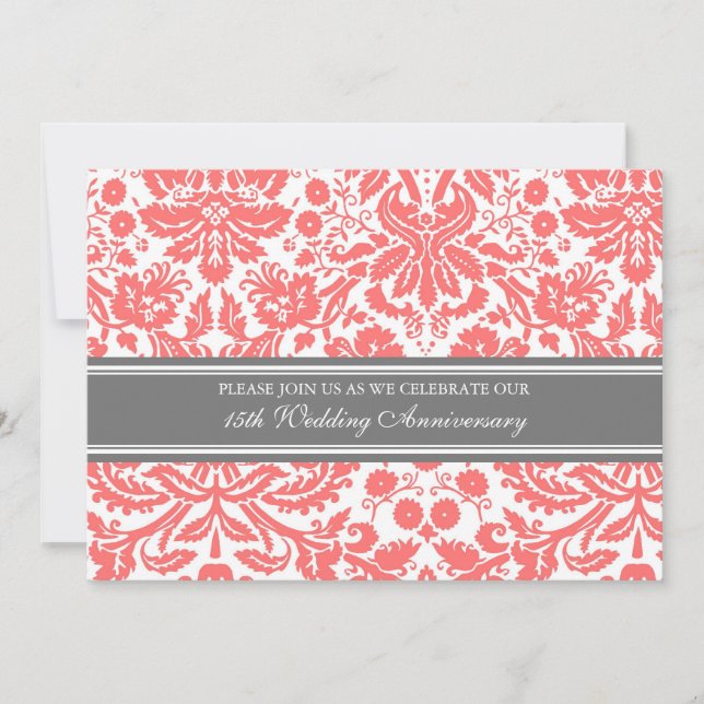 Invitation 15e anniversaire gris corail damask (Devant)