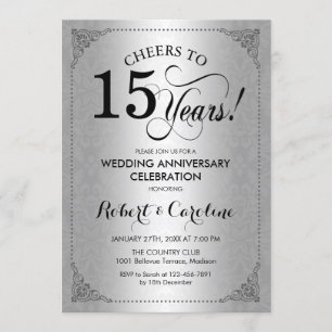 Invitation 15e anniversaire Mariage - Damas noir d'argent