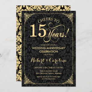Invitation 15e anniversaire Mariage - Damas noir d'or