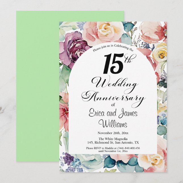 Invitation 15e anniversaire Mariage Élégant script floral (Devant / Derrière)