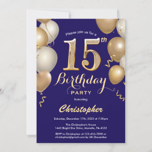 Invitation 15e anniversaire Marine Bleu et Ballons d'or Confe