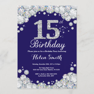 Invitation 15e anniversaire Marine Bleu et Diamant d'argent