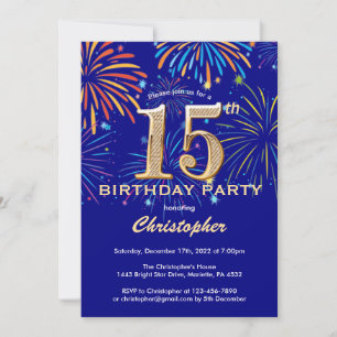 Invitation 15e anniversaire Marine Blue and Gold Rainbow Fire