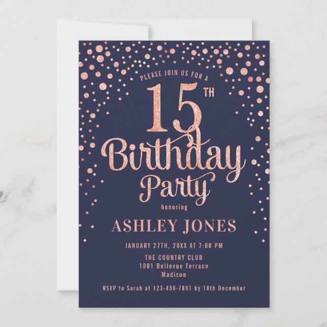 Invitation 15e anniversaire - Marine & Rose Gold (Devant)