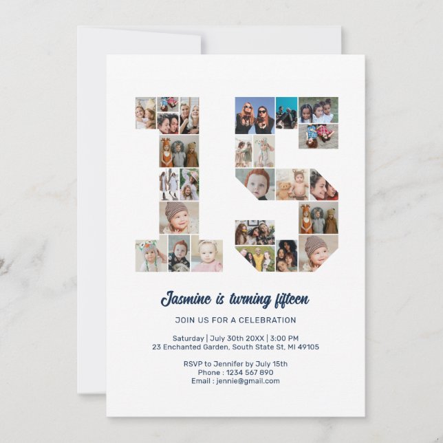 Invitation 15e anniversaire Numéro 15 Photo personnalisée Col (Devant)