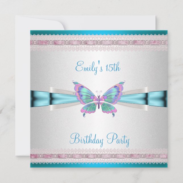 Invitation 15e Anniversaire Papillon Bleu Turquoise Rose (Devant)