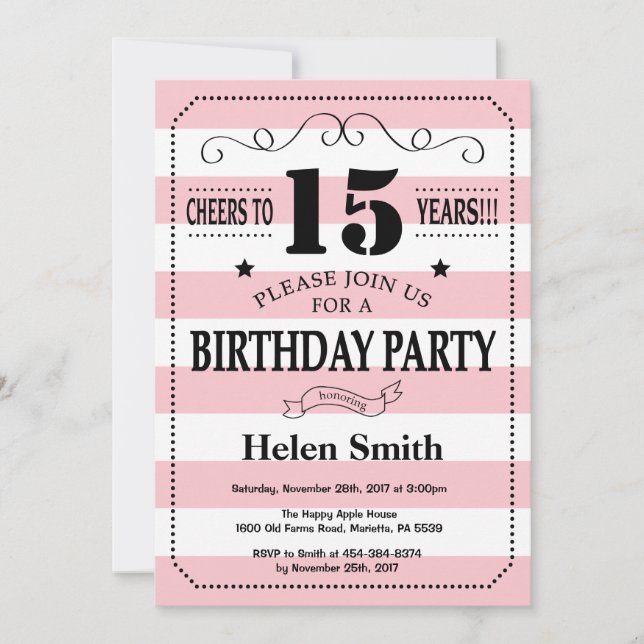 Invitation 15e anniversaire Pink and White Stripes (Devant)