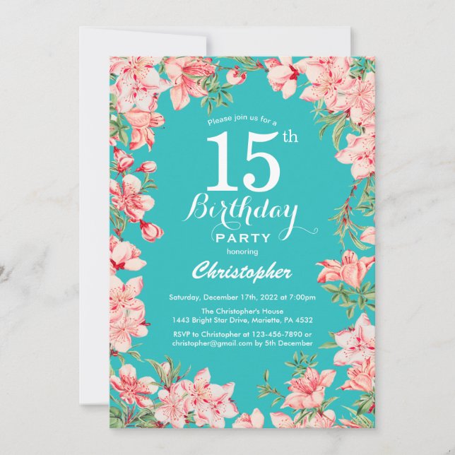 Invitation 15e anniversaire Pink Floral Flowers Turquoise Arr (Devant)