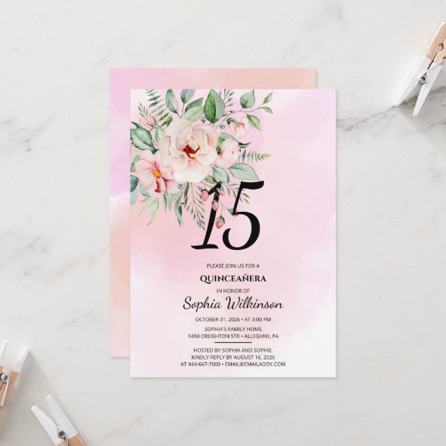 Invitation 15e anniversaire Quinceanera Aquarelle florale rus (Devant/Arrière en situation)