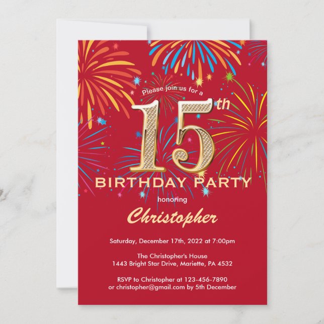 Invitation 15e anniversaire Red and Gold Rainbow Fireworks (Devant)
