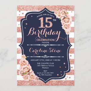 Invitation 15e anniversaire Rose de la marine Gold and White