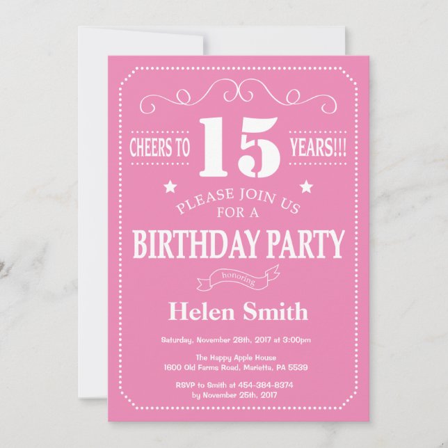 Invitation 15e anniversaire rose et blanc (Devant)