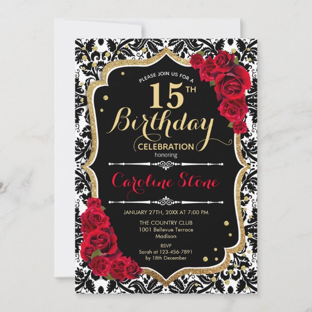 Invitation 15e anniversaire - Roses rouges Or noir Damas (Devant)