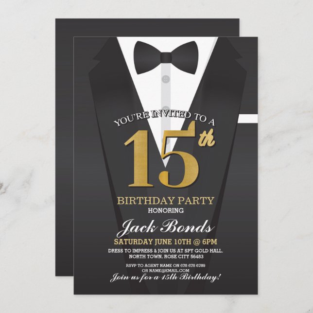 Invitation 15e Anniversaire Spy Suit Black cravate Gold Tuxed (Devant / Derrière)