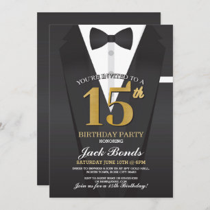 Invitation 15e anniversaire Spy Suit Black cravate Gold Tuxed