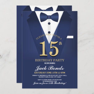 Invitation 15e Anniversaire Spy Suit Black cravate Gold Tuxed