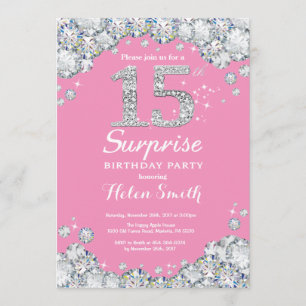 Invitation 15e anniversaire surprise Diamant rose et argent