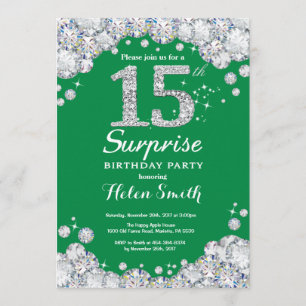 Invitation 15e anniversaire surprise Diamant vert et argent