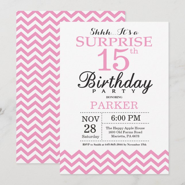 Invitation 15e anniversaire surprise Pink Chevron (Devant / Derrière)