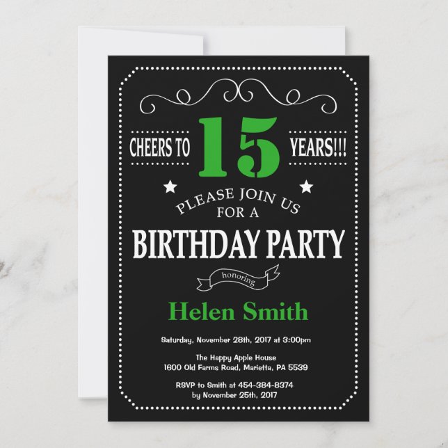 Invitation 15e anniversaire Tableau noir et vert (Devant)