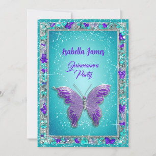 Invitation 15e anniversaire violet turquoise bijoux Papillon